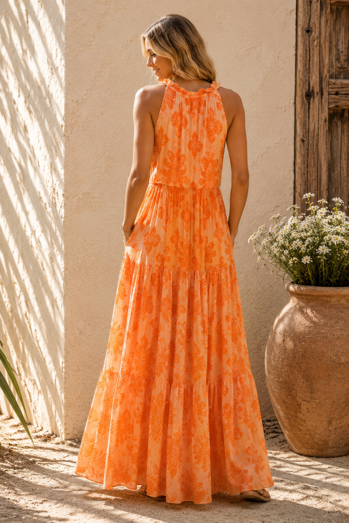 Nita Damask Maxi Dress Coral