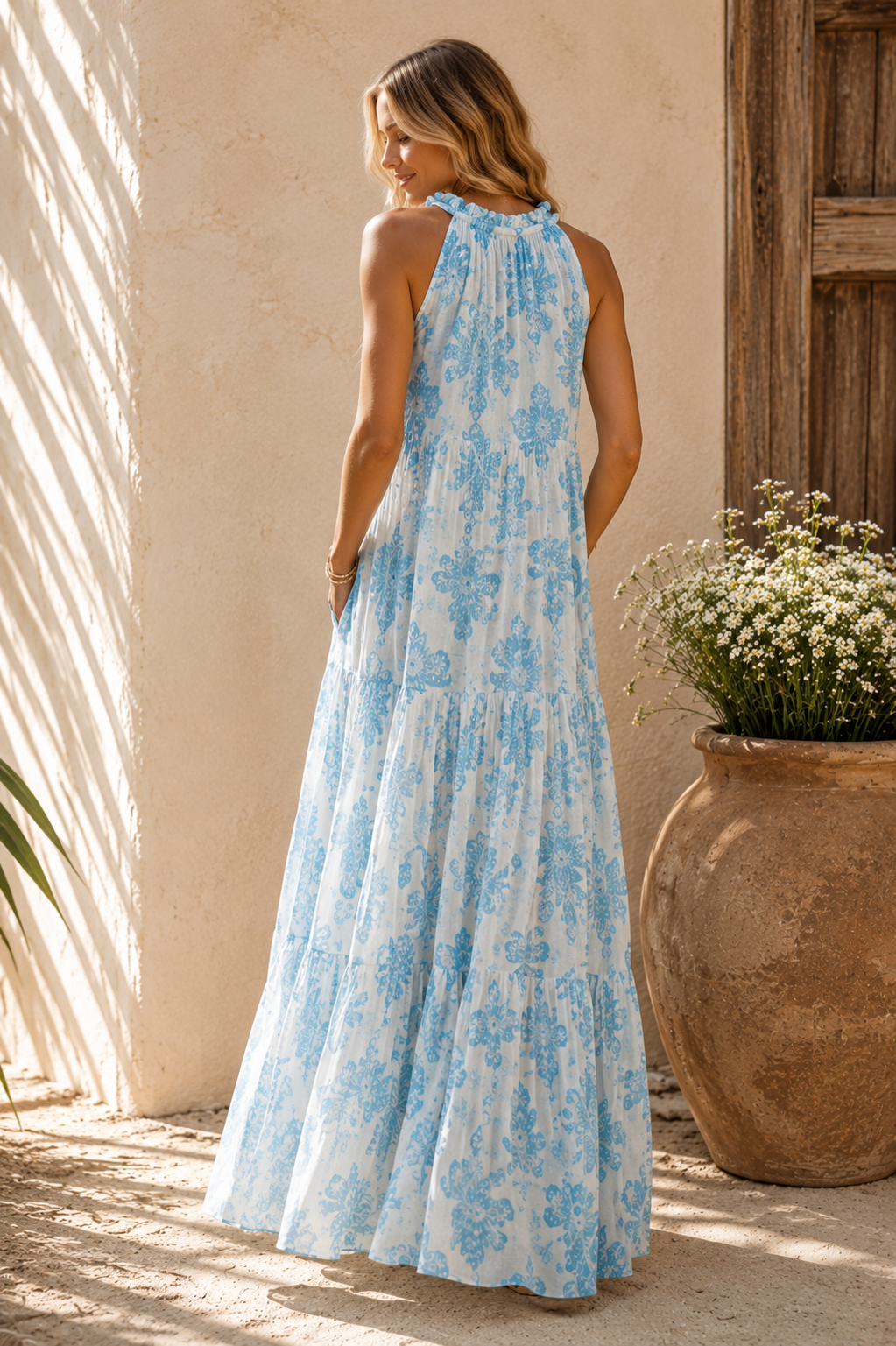 Nita Damask Maxi Dress Blue