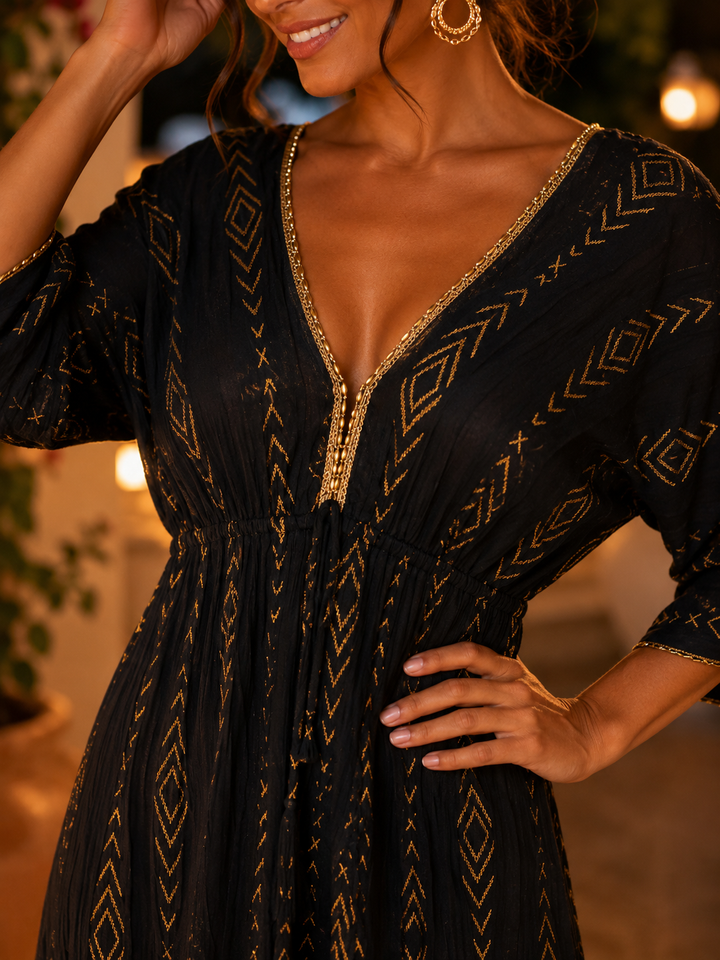 Rosalia Aztec Maxi Dress Black & Gold