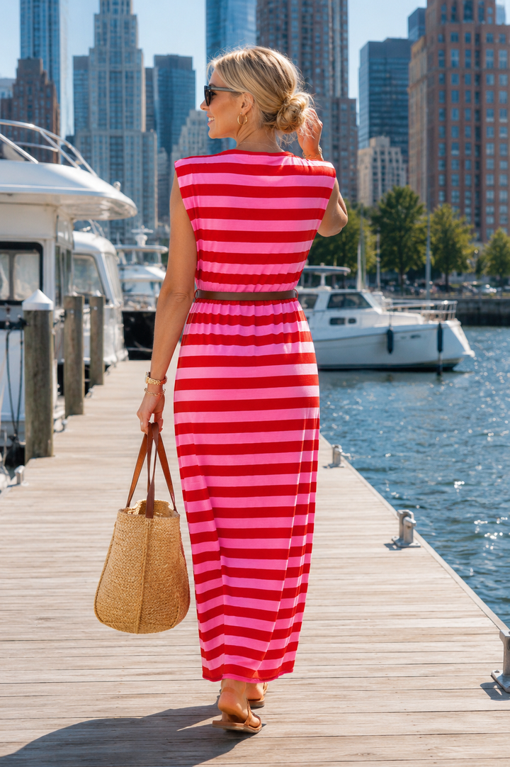 Sasha Stripe Belted Dress Red