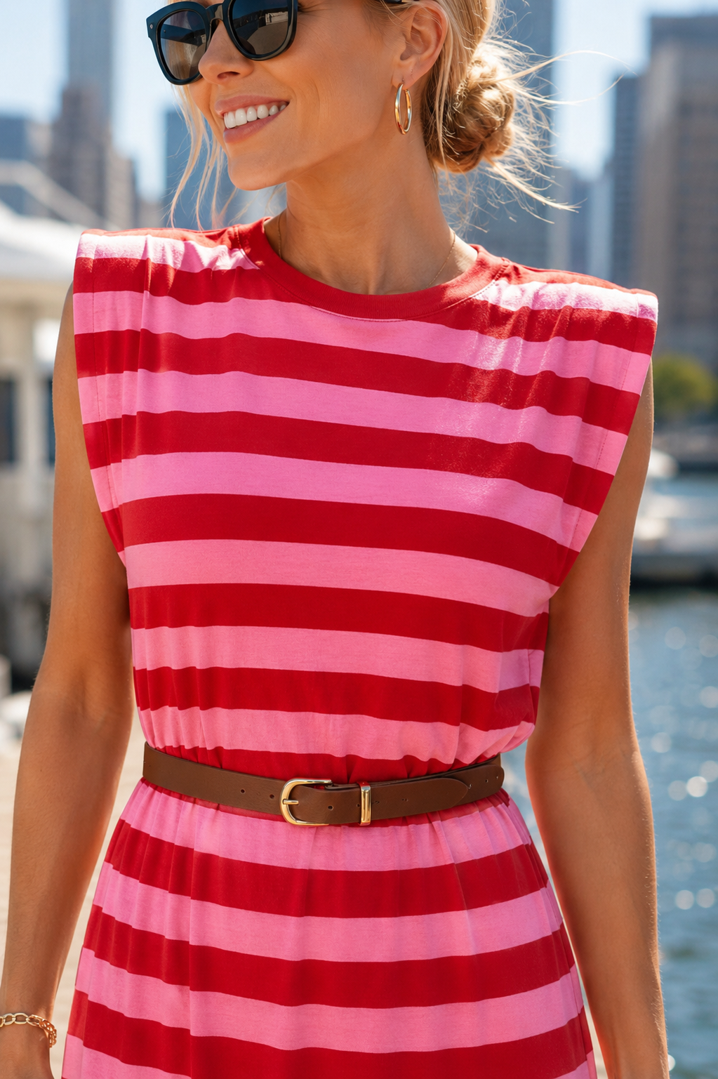 Sasha Stripe Belted Dress Red