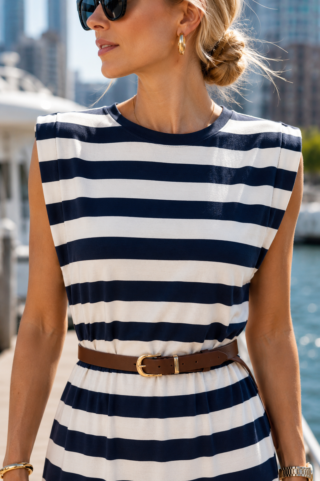 Sasha Stripe Belted Dress Navy