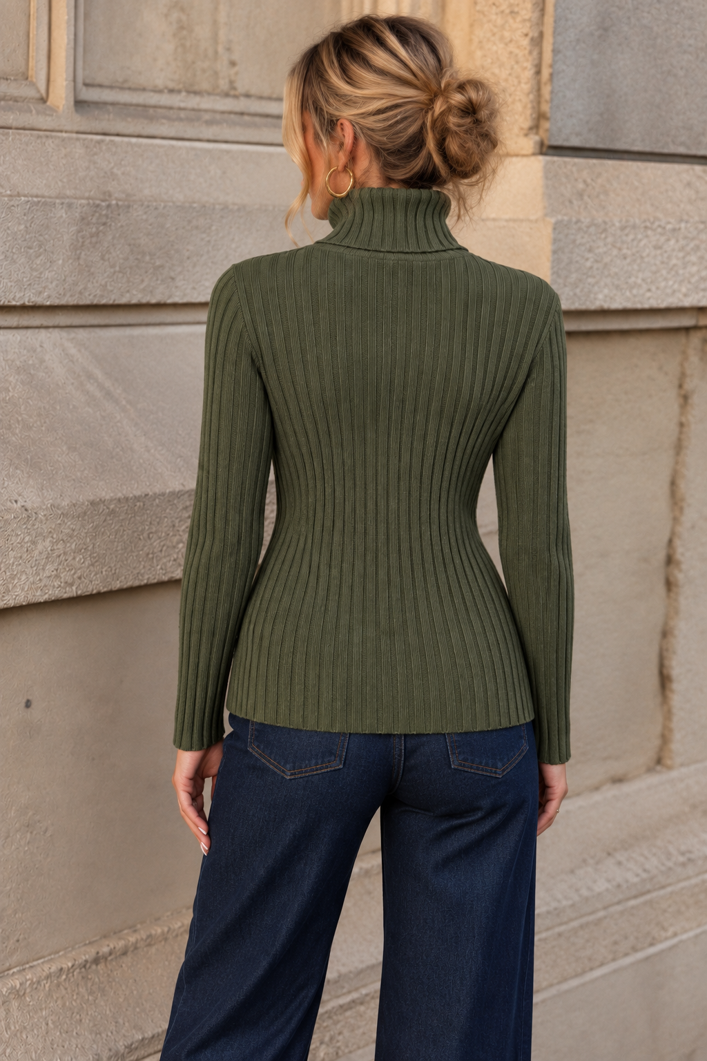 Tammy Rib Polo Neck Top Khaki