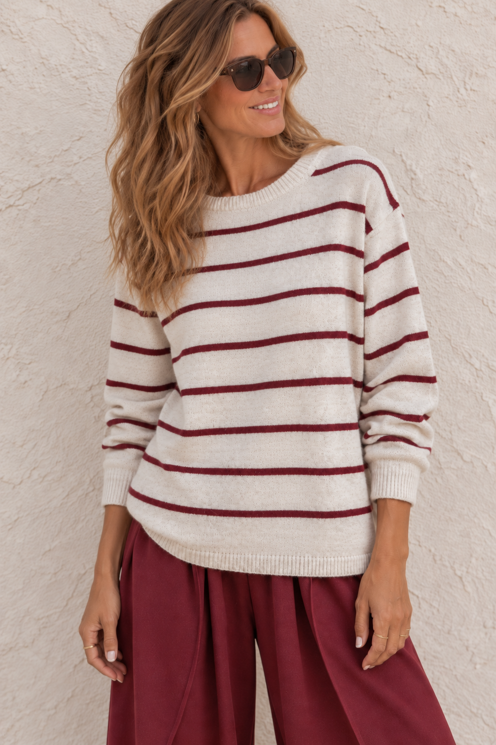 Striped Tie Front Collar Jumper Beige
