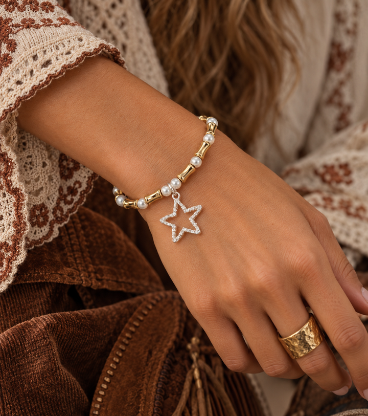 Silver Star Pearl Bead Bracelet Gold