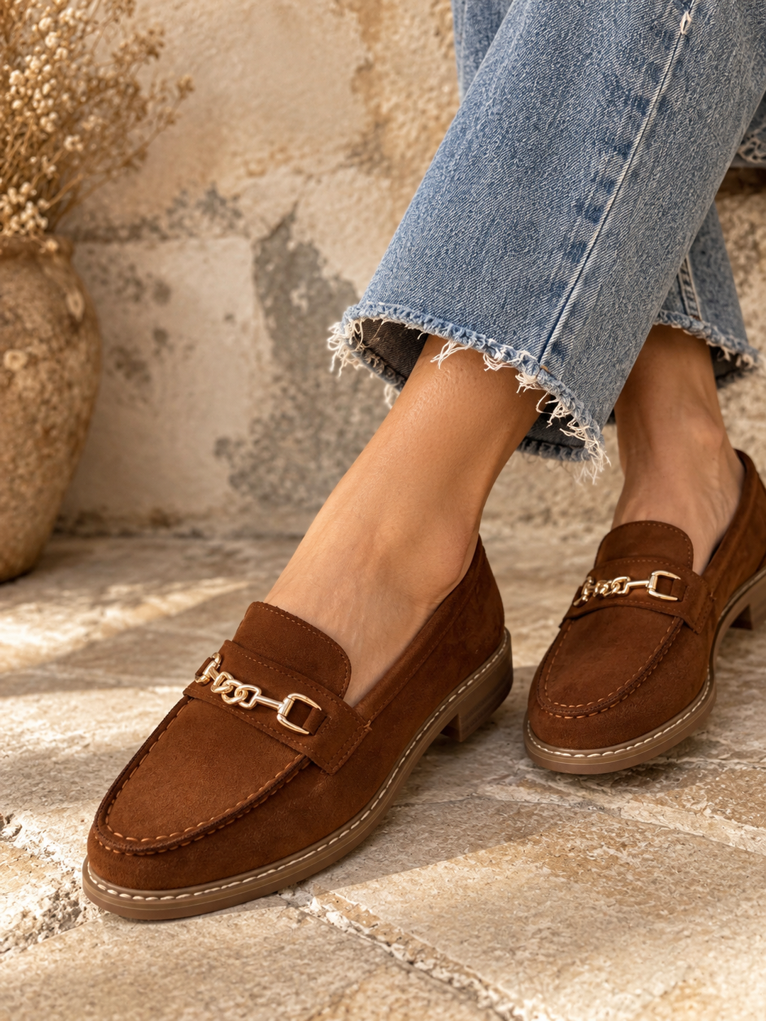 Daryl Buckle Faux Suede Loafers Tan
