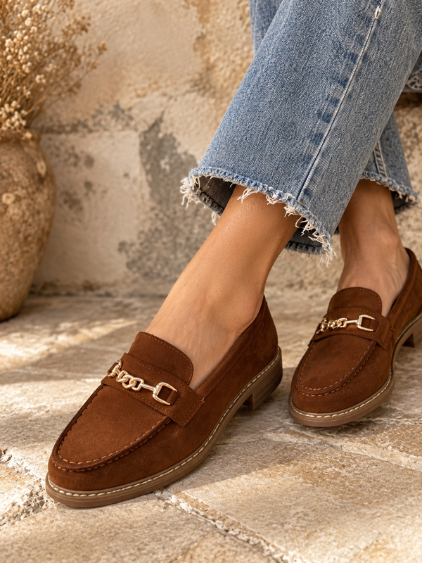 Daryl Buckle Faux Suede Loafers Tan