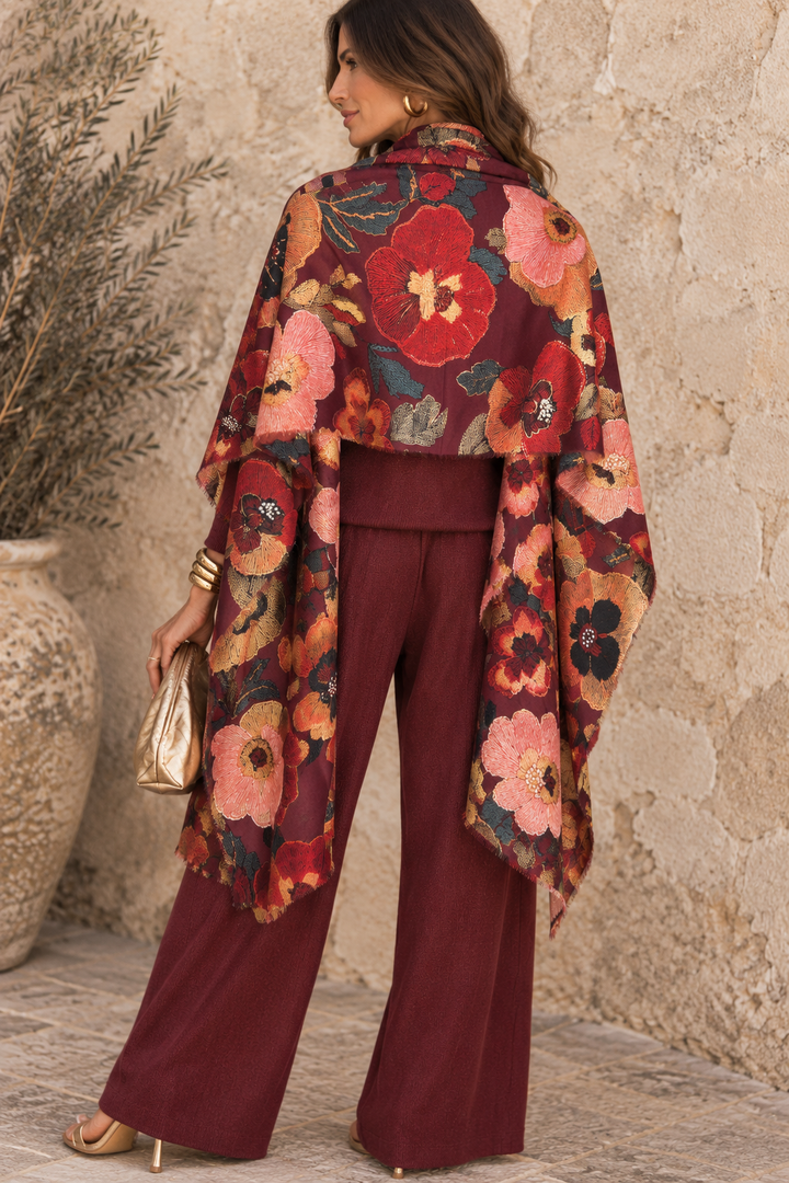 Kiku Oriental Floral Scarf Burgundy