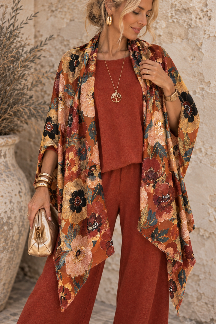 Kiku Oriental Floral Scarf Rust & Gold