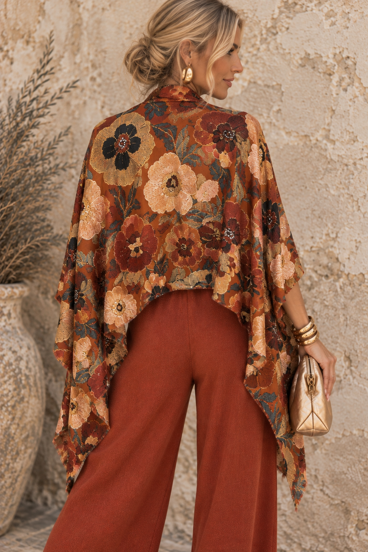 Kiku Oriental Floral Scarf Rust & Gold
