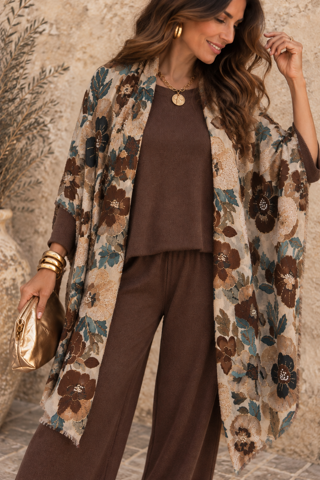 Kiku Oriental Floral Scarf Mocha and Gold