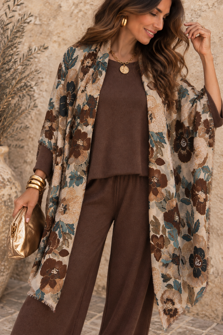 Kiku Oriental Floral Scarf Mocha and Gold