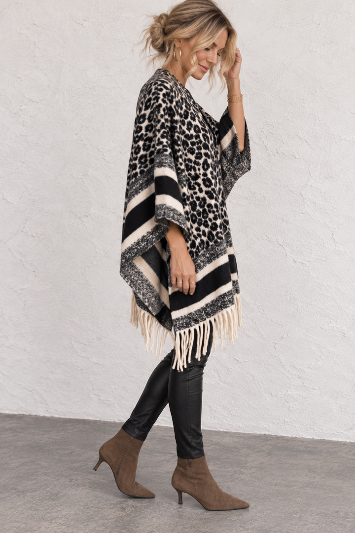 Billie Leopard Poncho Shawl Black