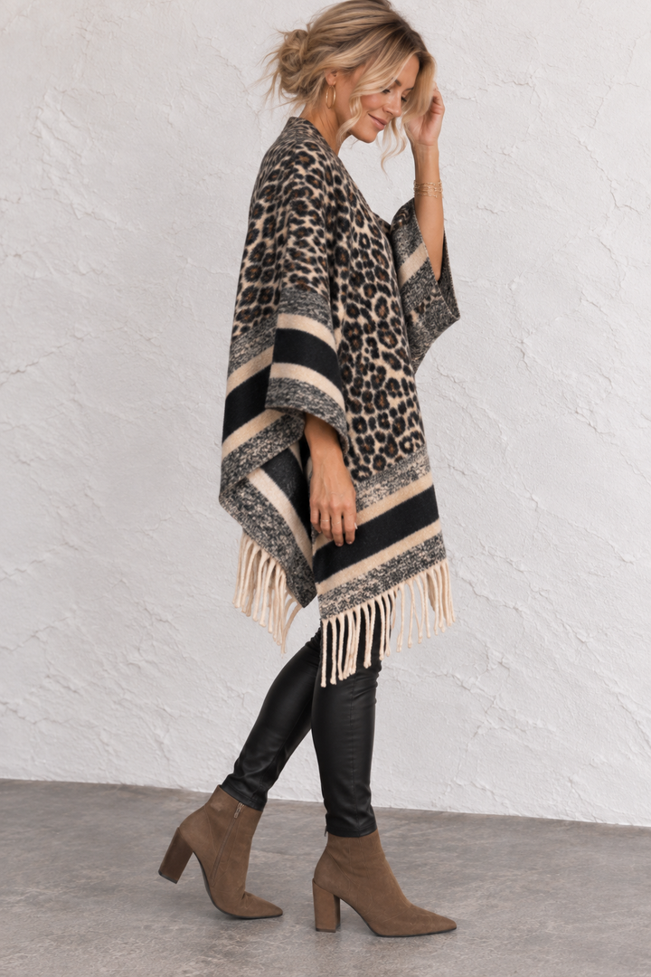Billie Leopard Poncho Shawl Chocolate
