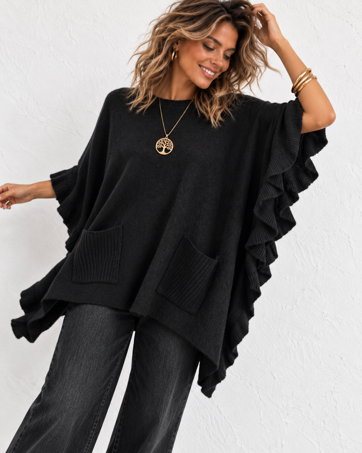 Stevie Ruffled Edge Poncho Black