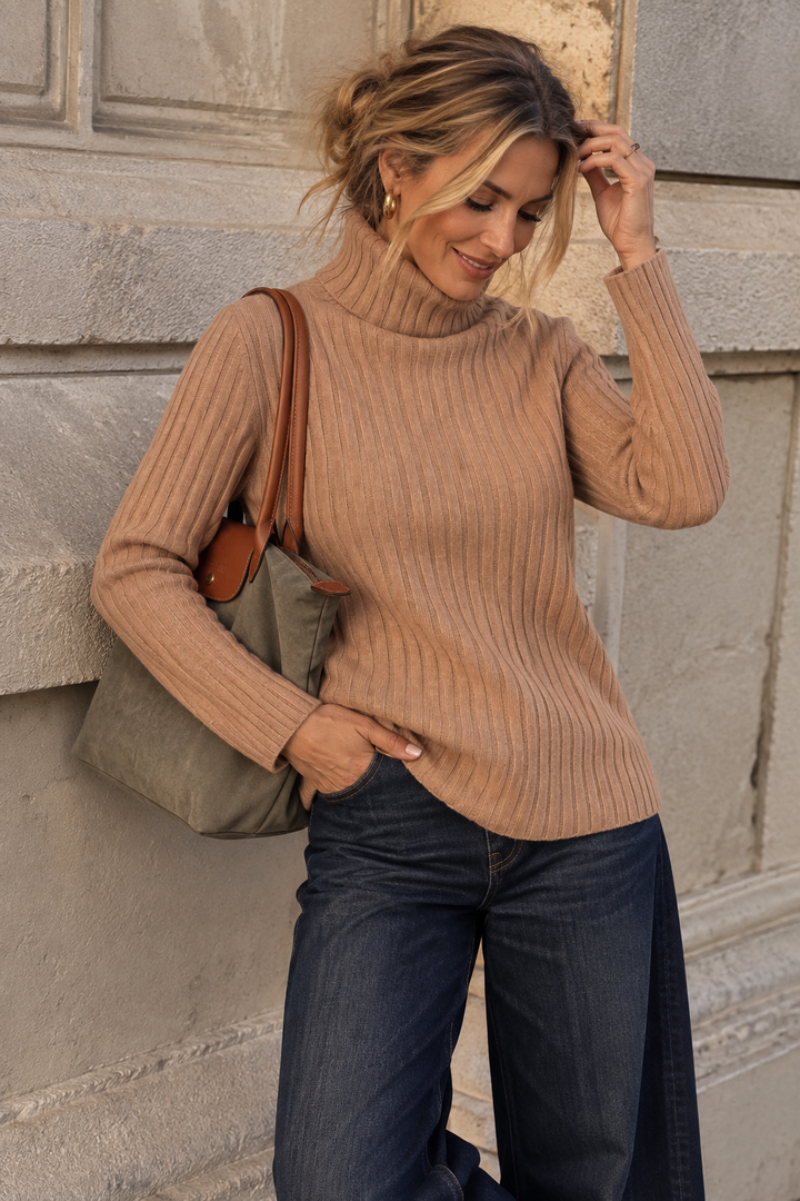 Tammy Rib Polo Neck Top Camel