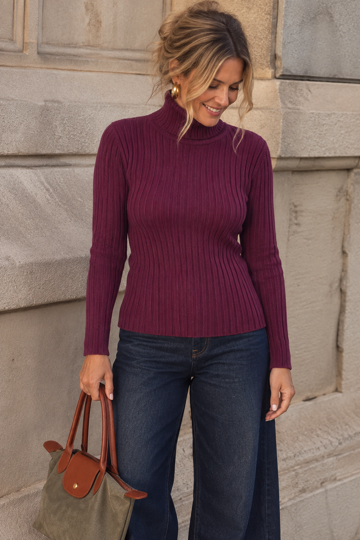 Tammy Rib Polo Neck Top Plum