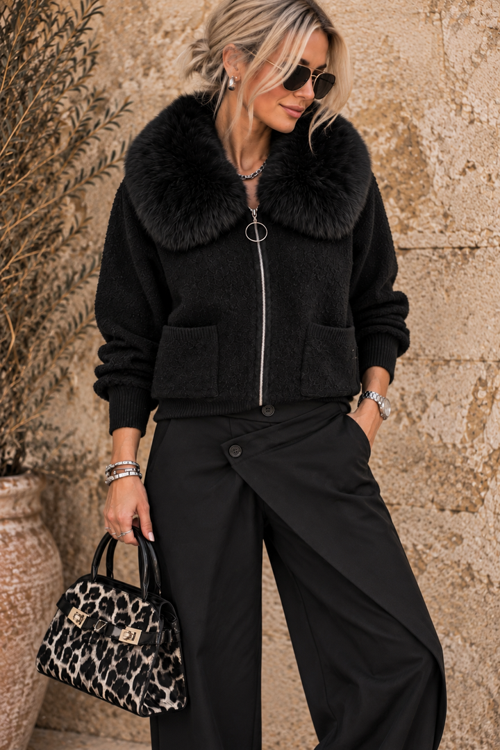 Nolana Faux Fur Zip Cardigan Black