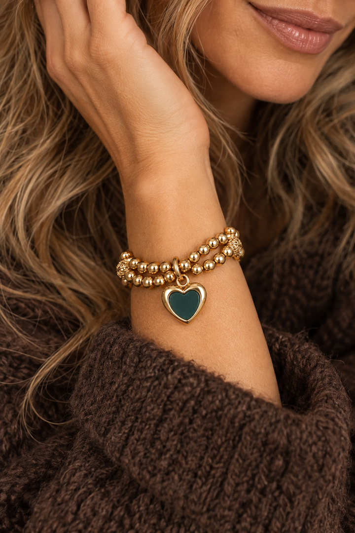 Aura Heart Beaded Bracelet Turq/Gold