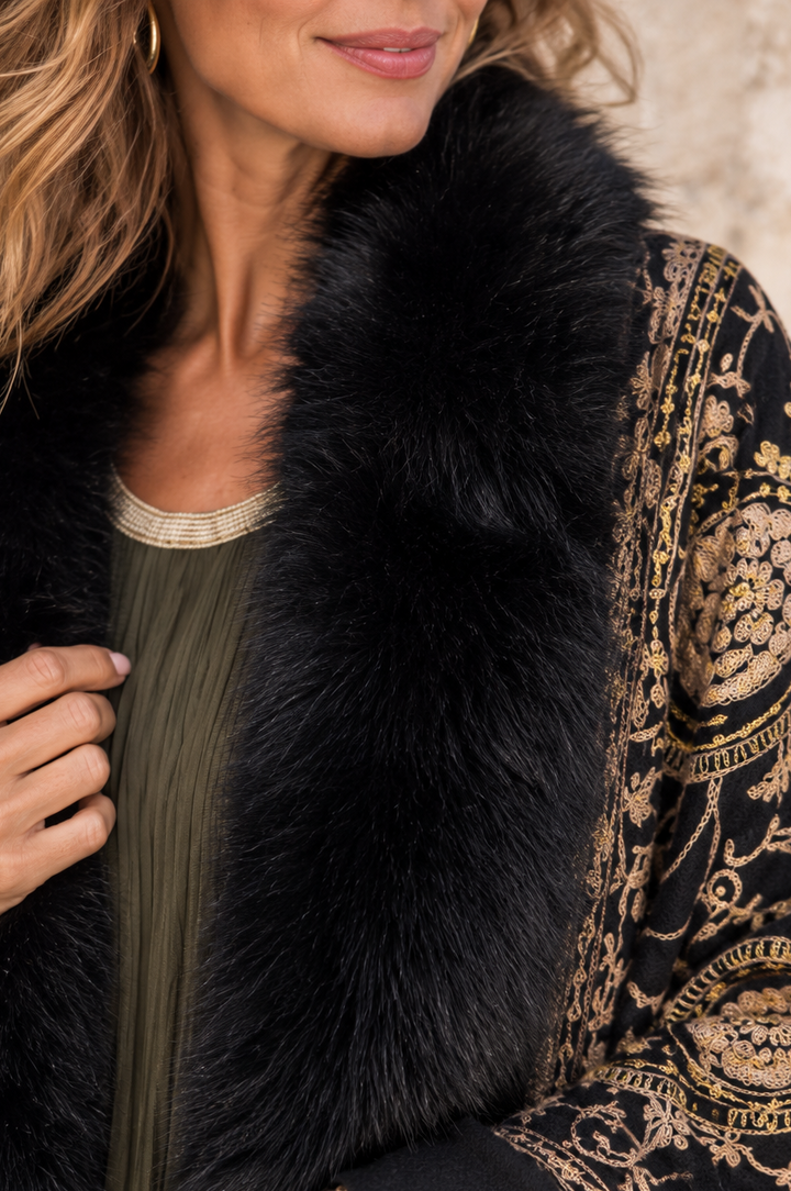 Aziza Paisley Faux Fur Wrap Black