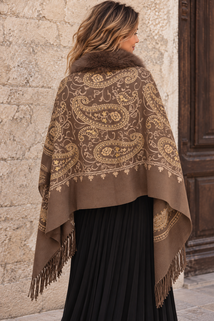 Aziza Paisley Faux Fur Wrap Chocolate