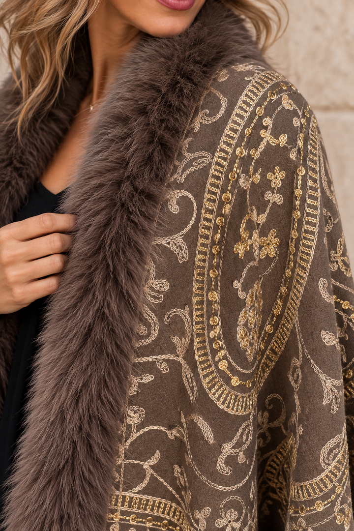 Aziza Paisley Faux Fur Wrap Chocolate
