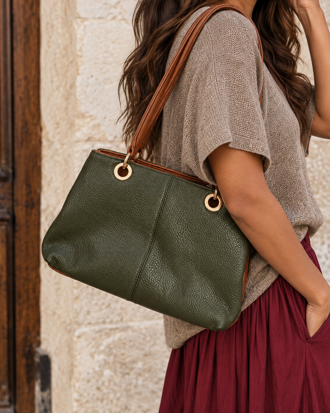 Erin Two Tone Handbag Khaki/Tan