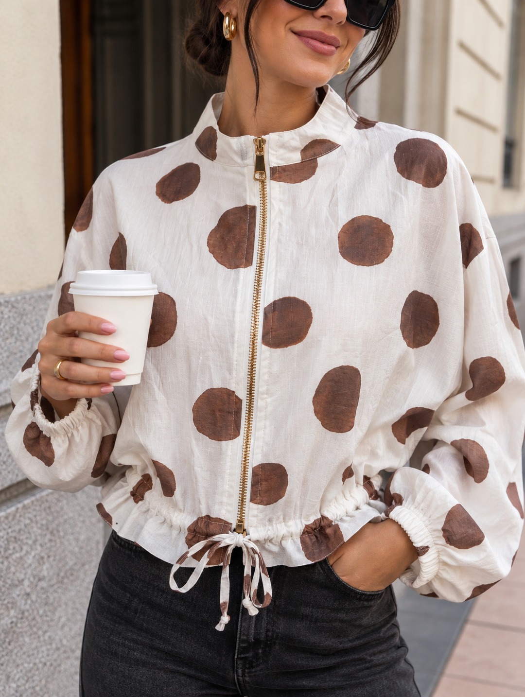 Delanna Polka Dot Zip Jacket Cream