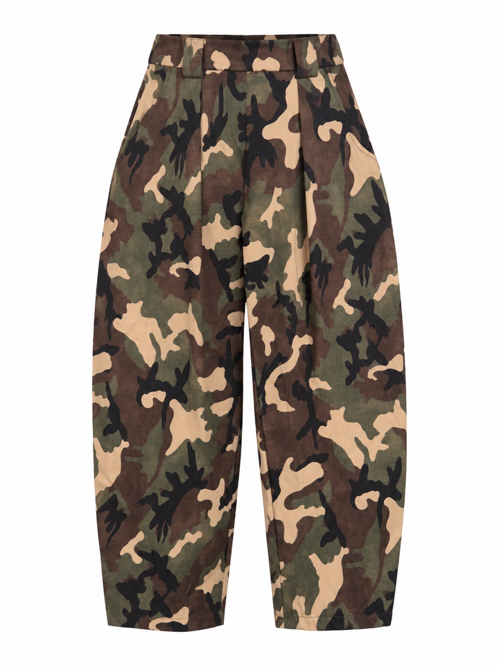 Camo Barrel Leg Trousers Khaki