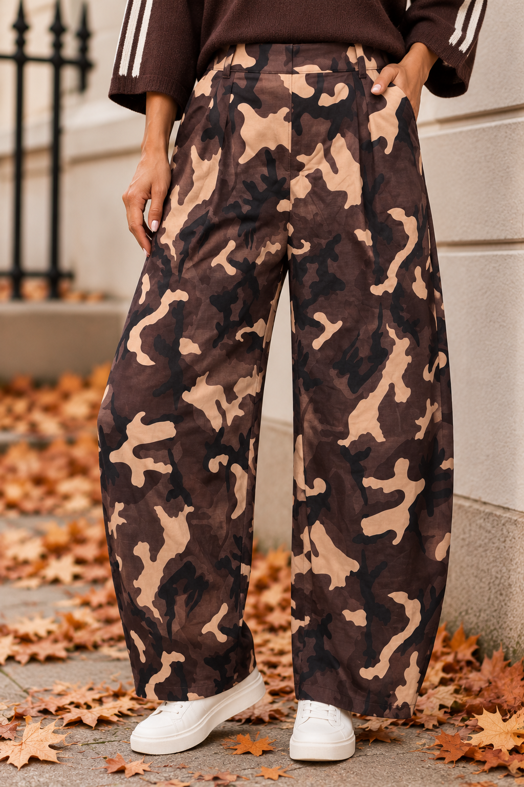 Camo Barrel Leg Trousers Chocolate