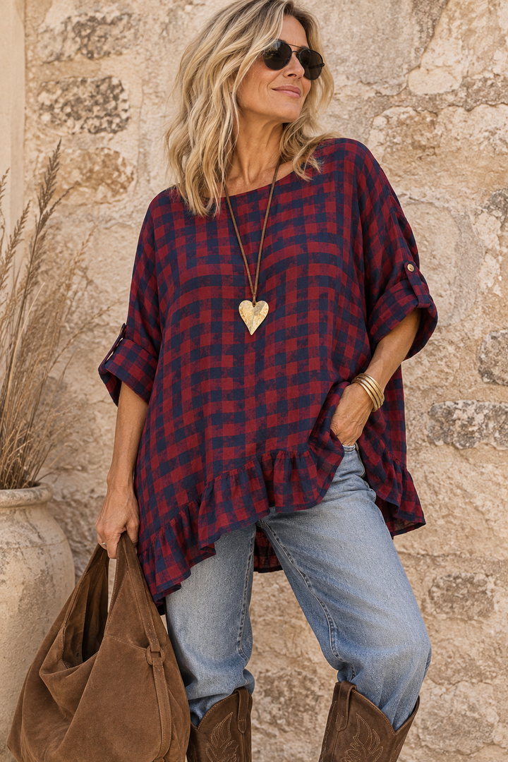 Rosana Checked Frill Top Red