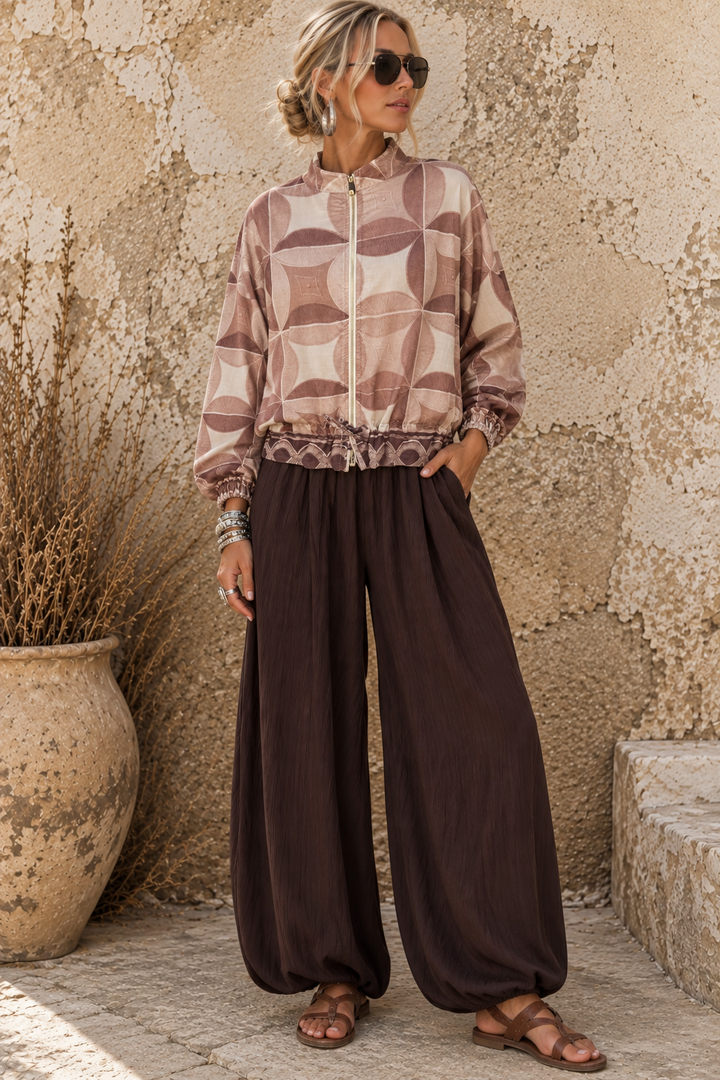 Mia Geometric Zip Jacket Chocolate