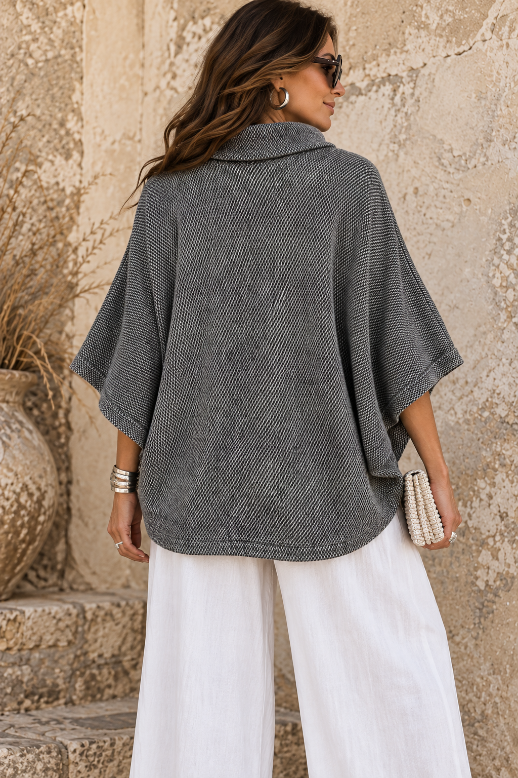 Black/White Cowl Poncho Top