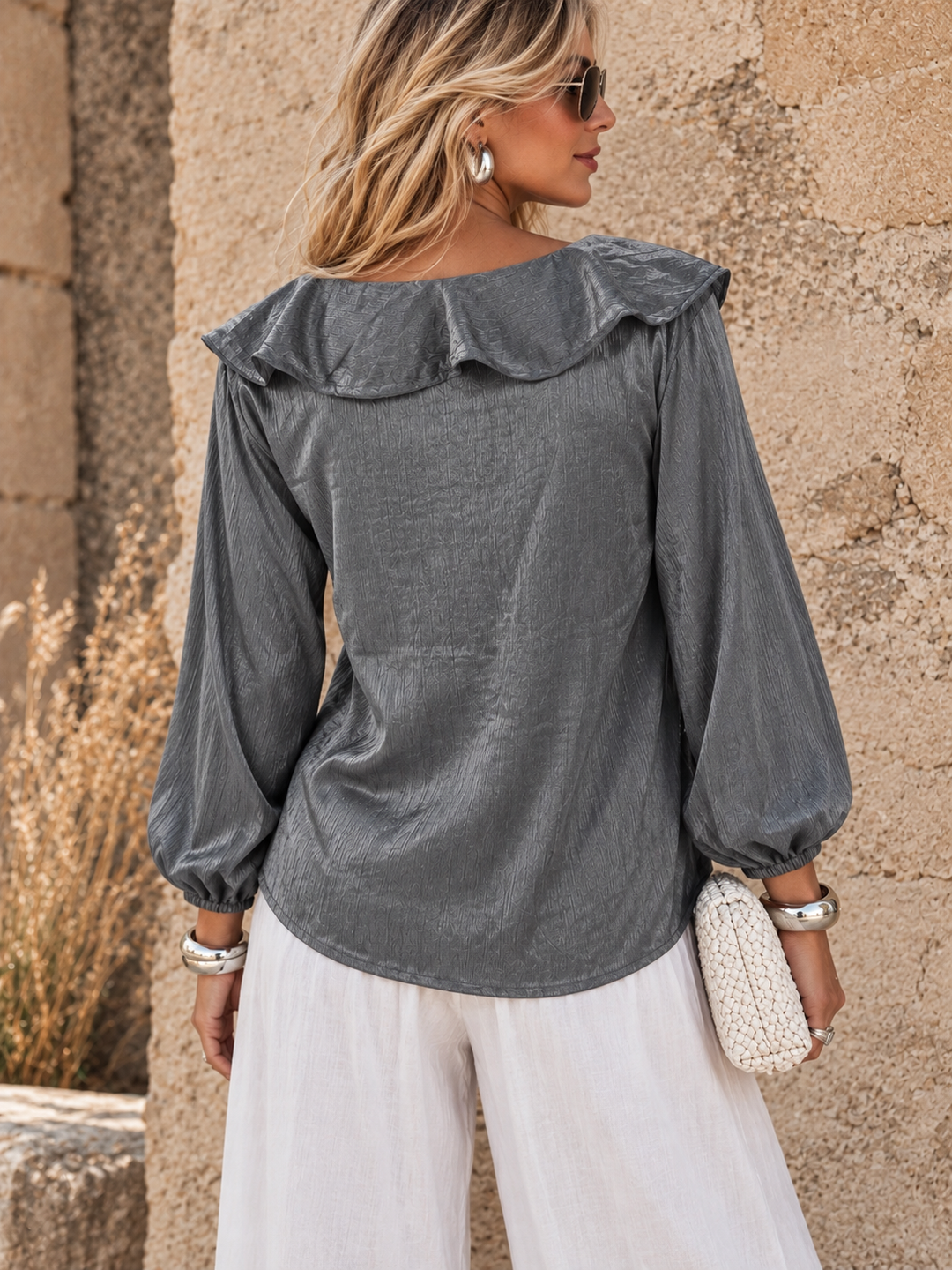 Saranna Silky Frill Top Grey