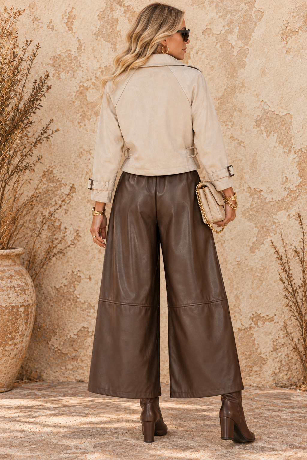 Alina Leather Look Belted Culottes Chocolate