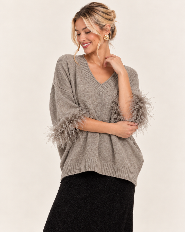 Amorette Faux Feather Jumper Beige
