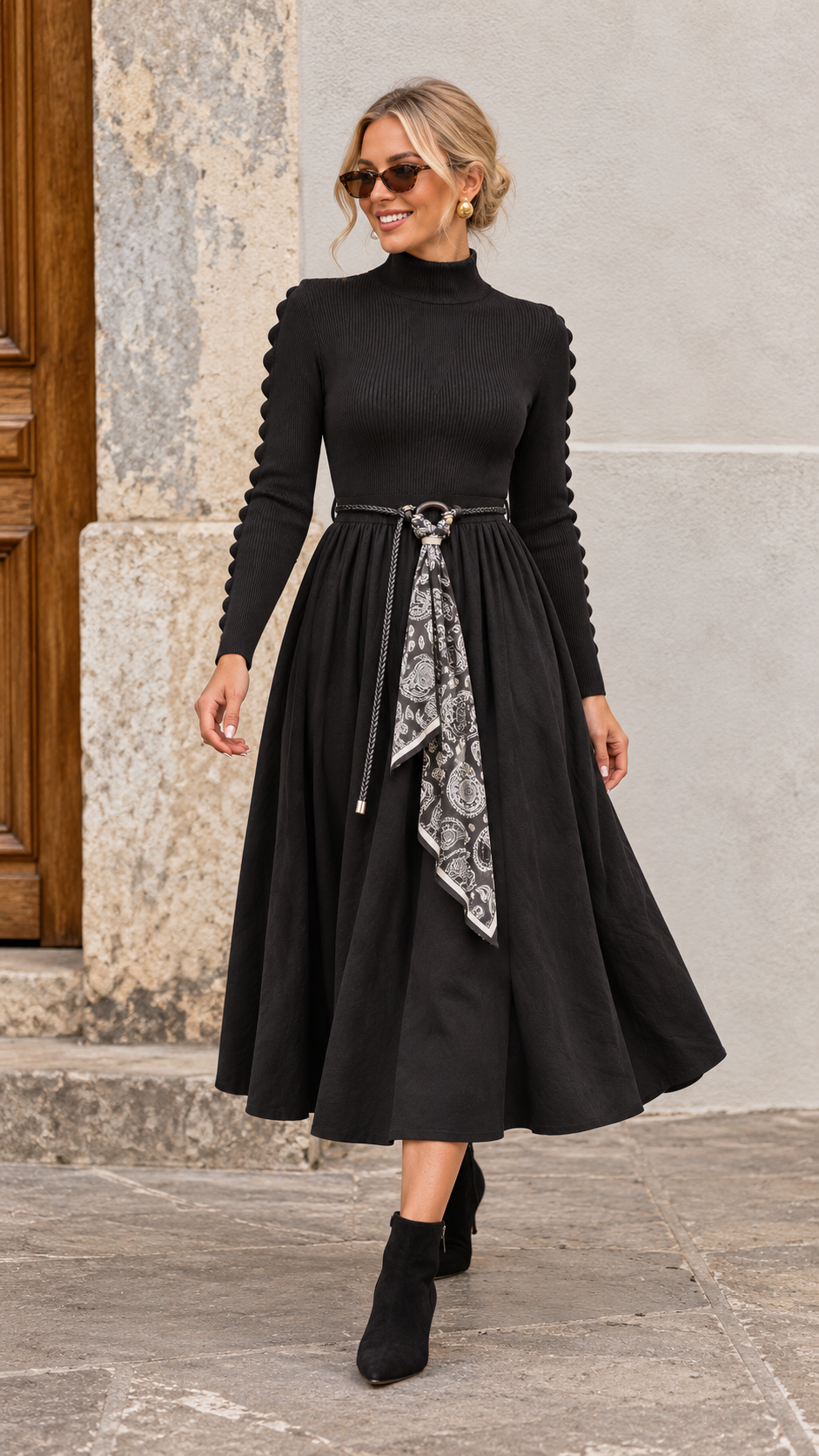 Jasmine Belted Knitted Dress Black