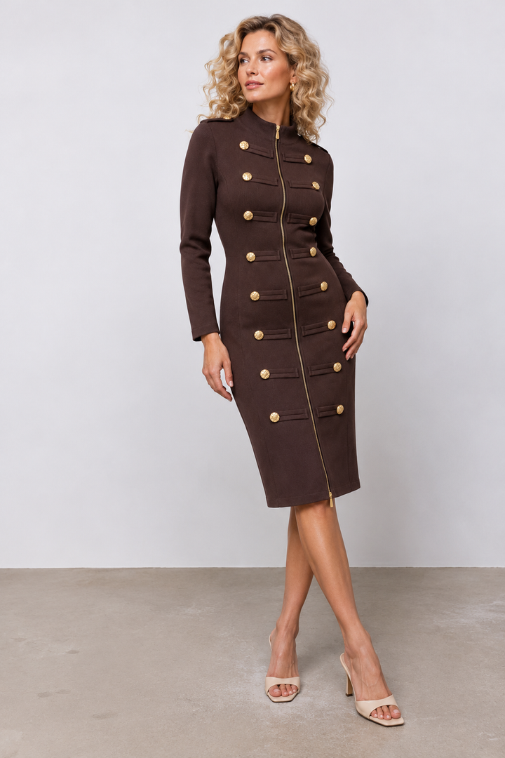 Marcia Military Zip Dress Chocolate
