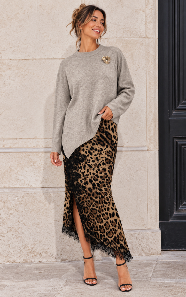 Asymmetric Leopard Lace Dress Set Beige