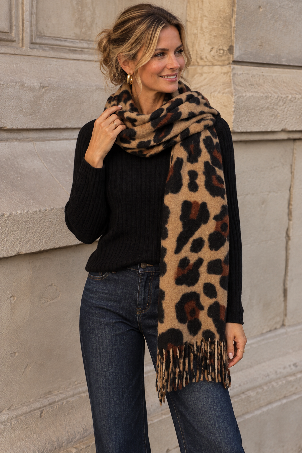 Layla Leopard Print Scarf Camel