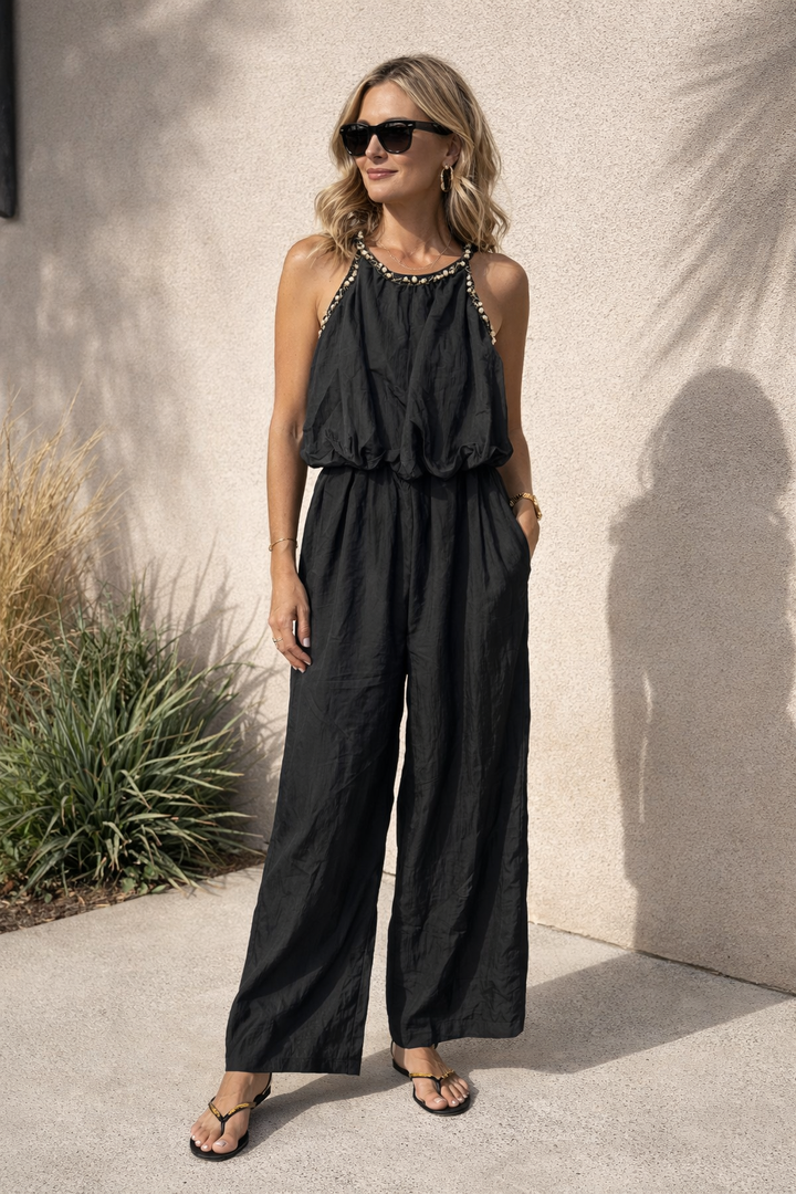 Aubrielle Pearl Trim Jumpsuit Black