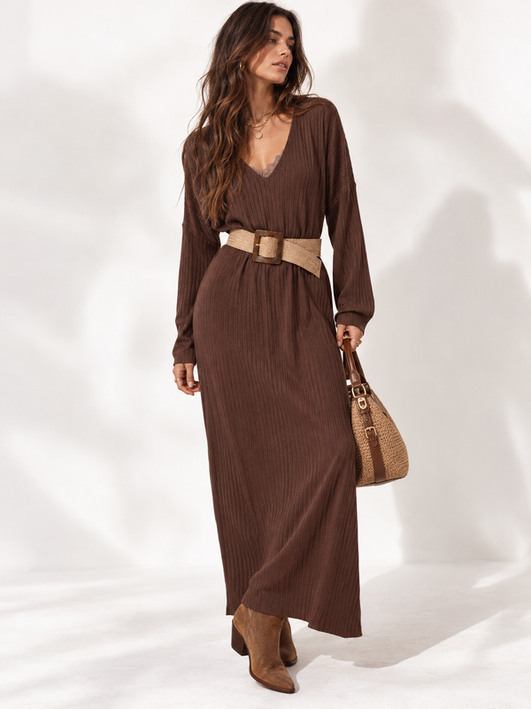 Andie V Neck Ribbed Dress Chocolate