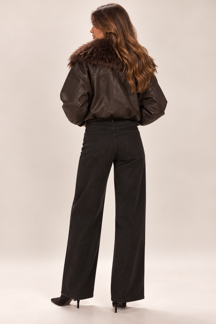 Embellished Button Wide Leg Jeans Black