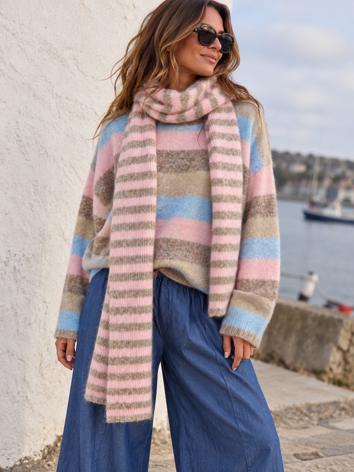 Sara Stripe Jumper & Scarf Set Pastel
