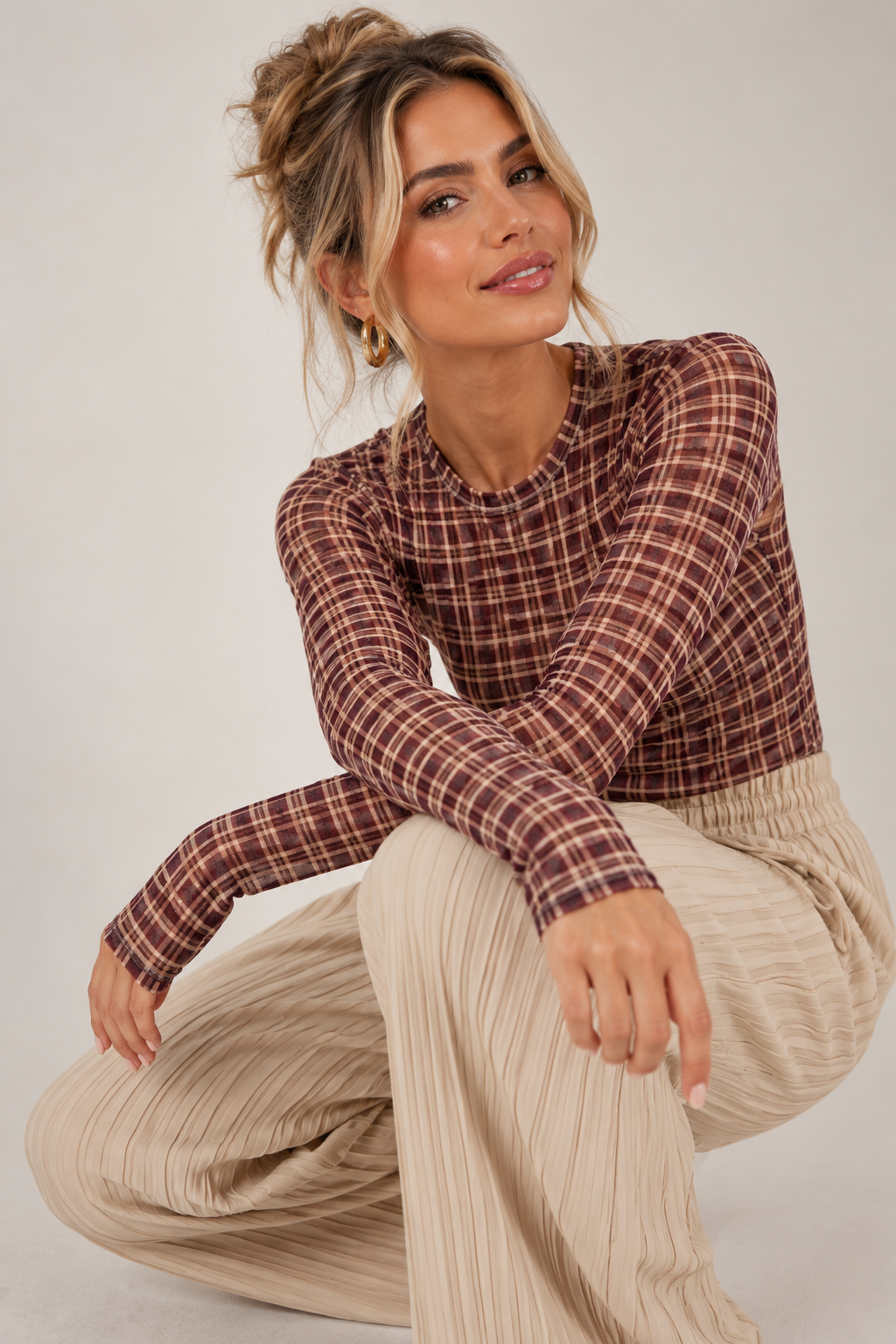 Tartan Print Cashmere Top Wine