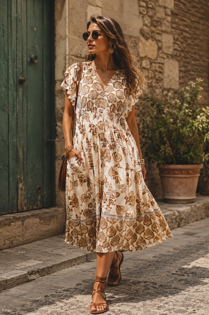 Fable Floral Midi Dress Mocha