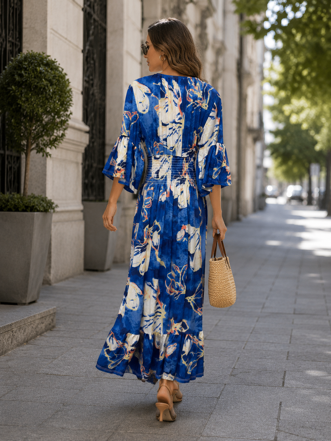 Muriel Watercolour Shirred Maxi Dress Navy