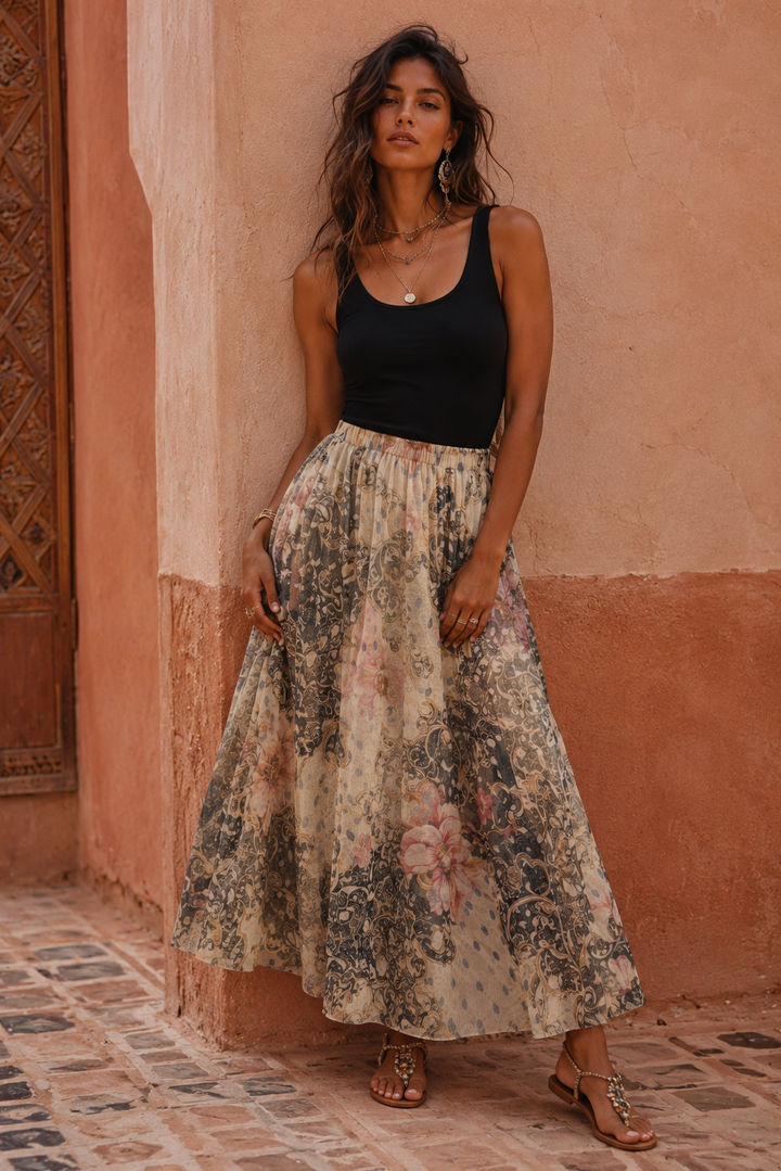 Jovanna Floral Tulle Skirt Cream