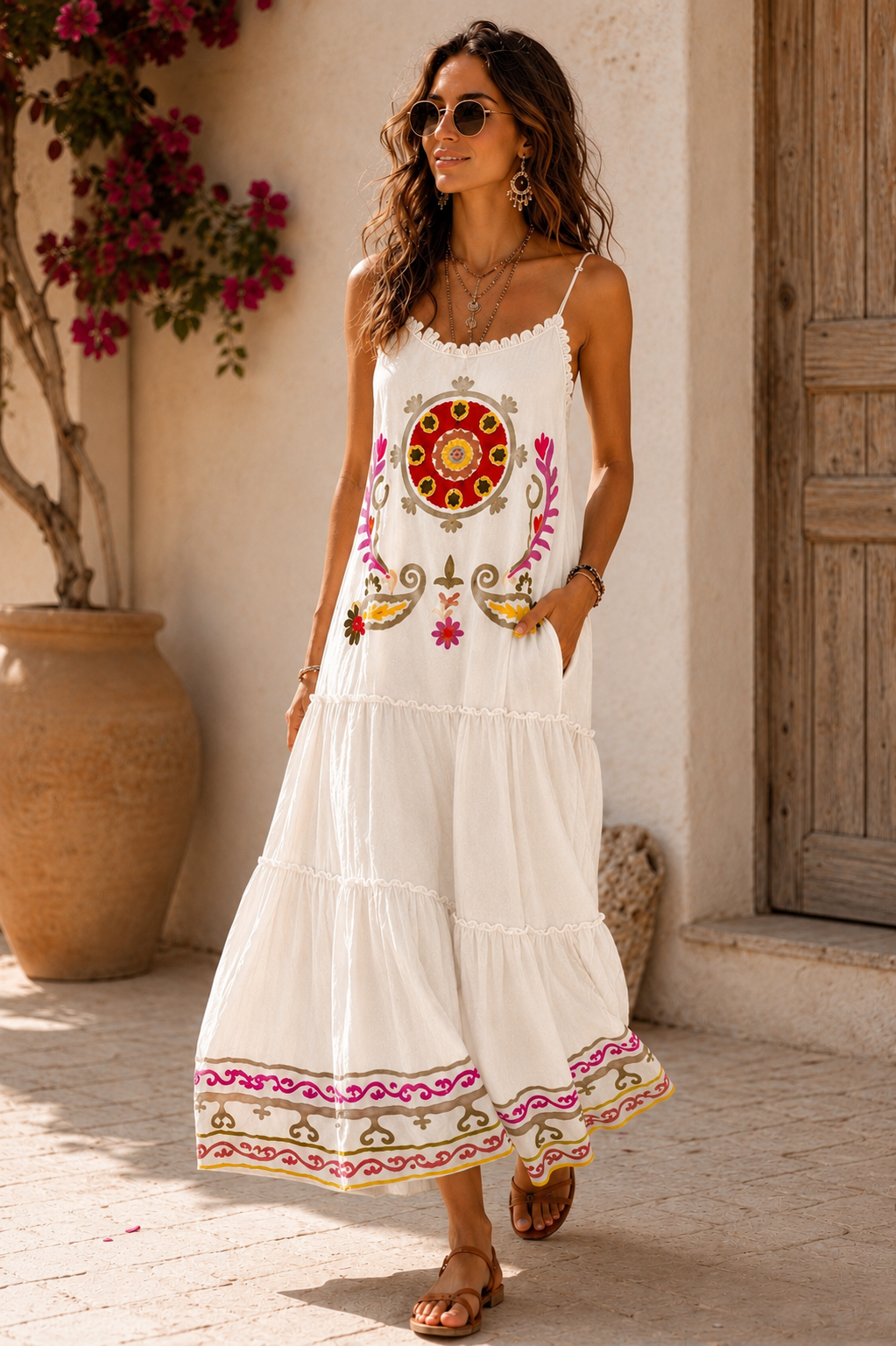 Carmela Embroidered Cotton Maxi Dress Cream