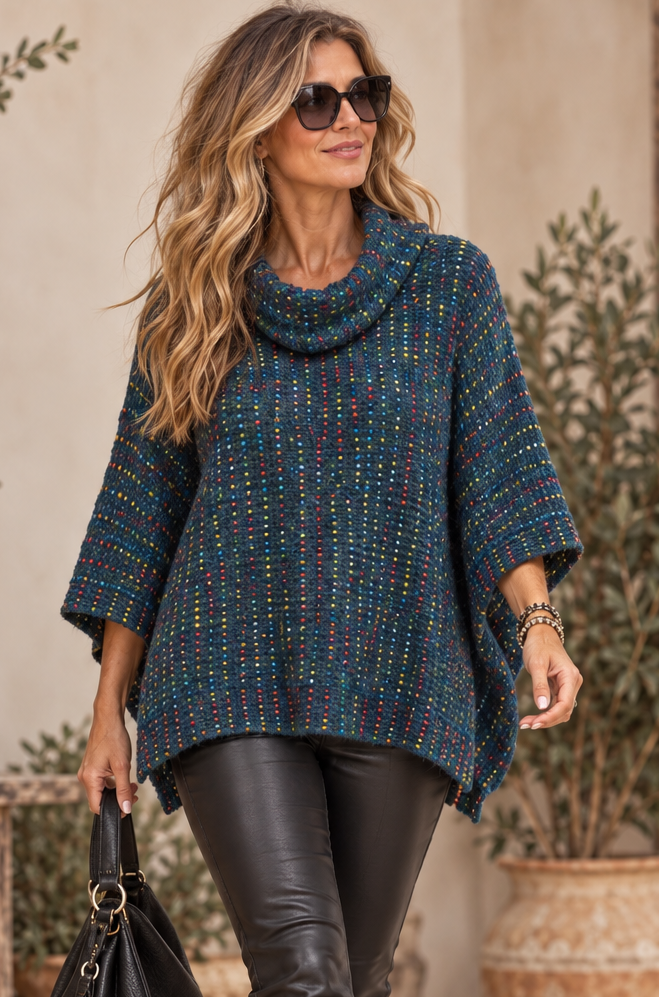 Teal Fleck Cowl Poncho Top